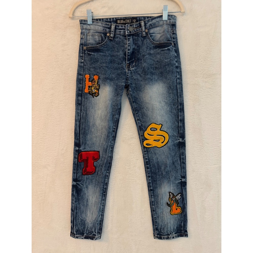 Blue Cult Girls Varsity Patch Acid Wash Jeans Size 12 Blue Denim Pants